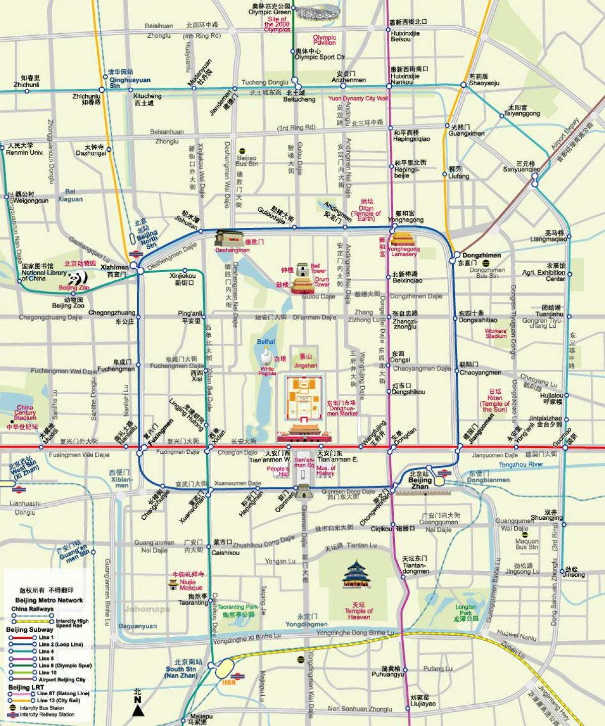 žemėlapis Pekino metro žemėlapis su turizmo atrakcionai